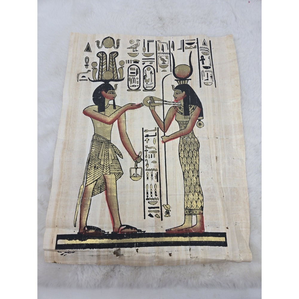 Egyptian Genuine Papyrus, Nefertari and Hathor, Hand Painted, Signed, 15×13